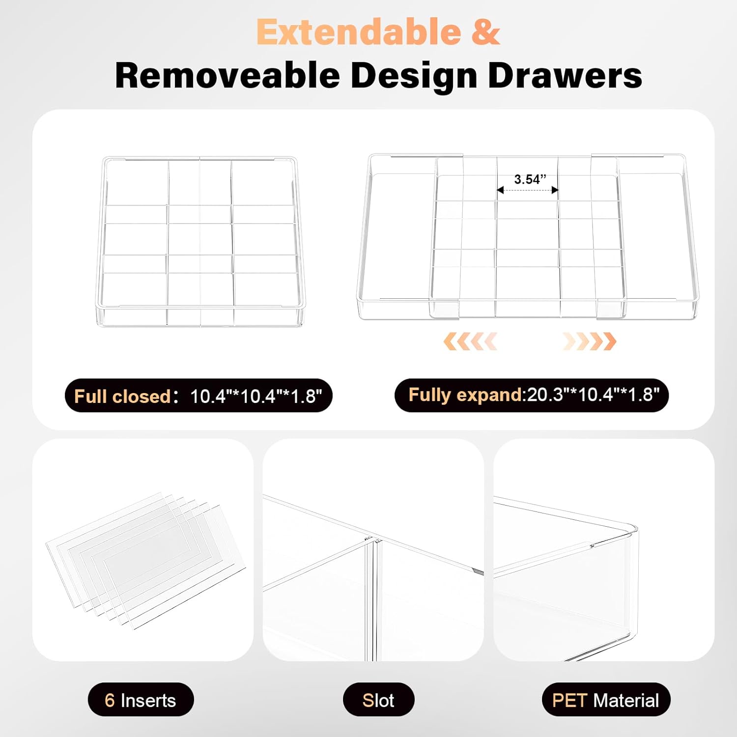 Acrylic Expandable Desk Drawer Organizer with 11 Adjustable Compartments and 6 Removable Dividers Desk Accessories for Office Kitchen Bathroom Makeup and Utensil Junk Storage (Clear, 3Pcs)