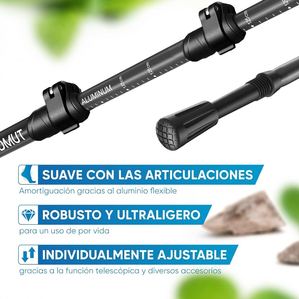 NORDMUT® Bastones de Senderismo Telescópicos | Nordic Walking Mujeres y Hombres | Bastones de Trekking Ultraligeros [con Set de Gomas] Ajustables con Empuñadura de Corcho Natural