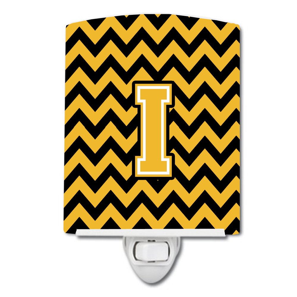 Caroline's Treasures CJ1053-ICNL Letter I Chevron Black and Gold Ceramic Night Light Compact, UL-Certified, Ideal for Bedroom, Bathroom, Nursery, Hallway, Kitchen, 6x4x3, Multicolor