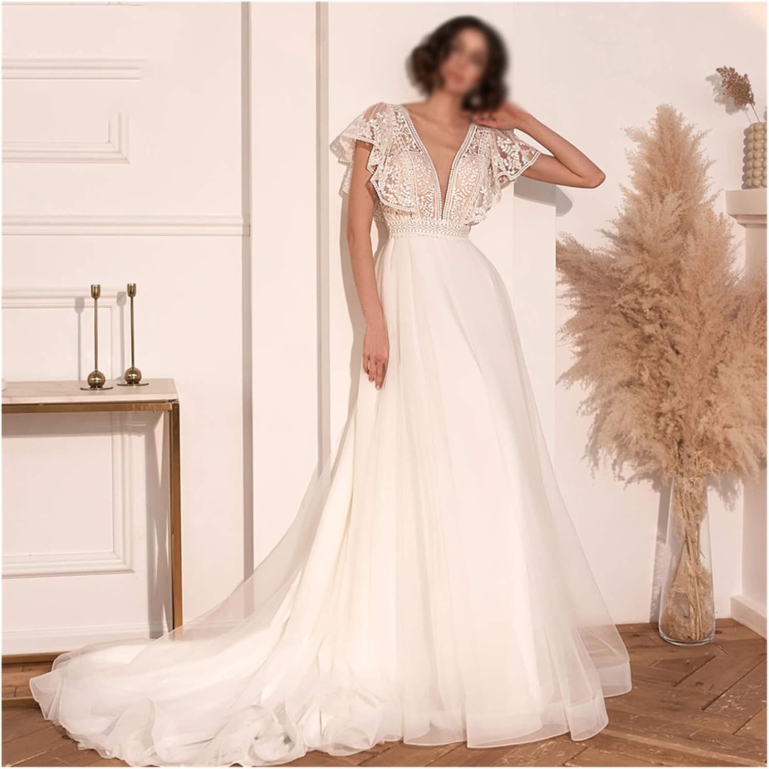 SMEJS セクシーなファンタジー V ネック レース ヴィンテージ ウェディング ドレス 半袖 アップリケ ブライダル ガウン (