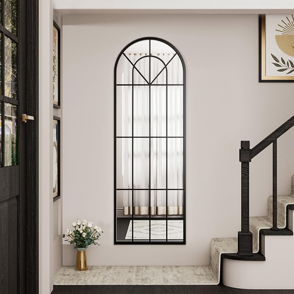 OGCAU Full Length Mirror, 65"x22" Arched Window Floor Length Mirror, Hanging or Leaning, Full Body with Iron Frame, Window Pane Wall Mounted Home Decor for Bedroom Living Room (Black)