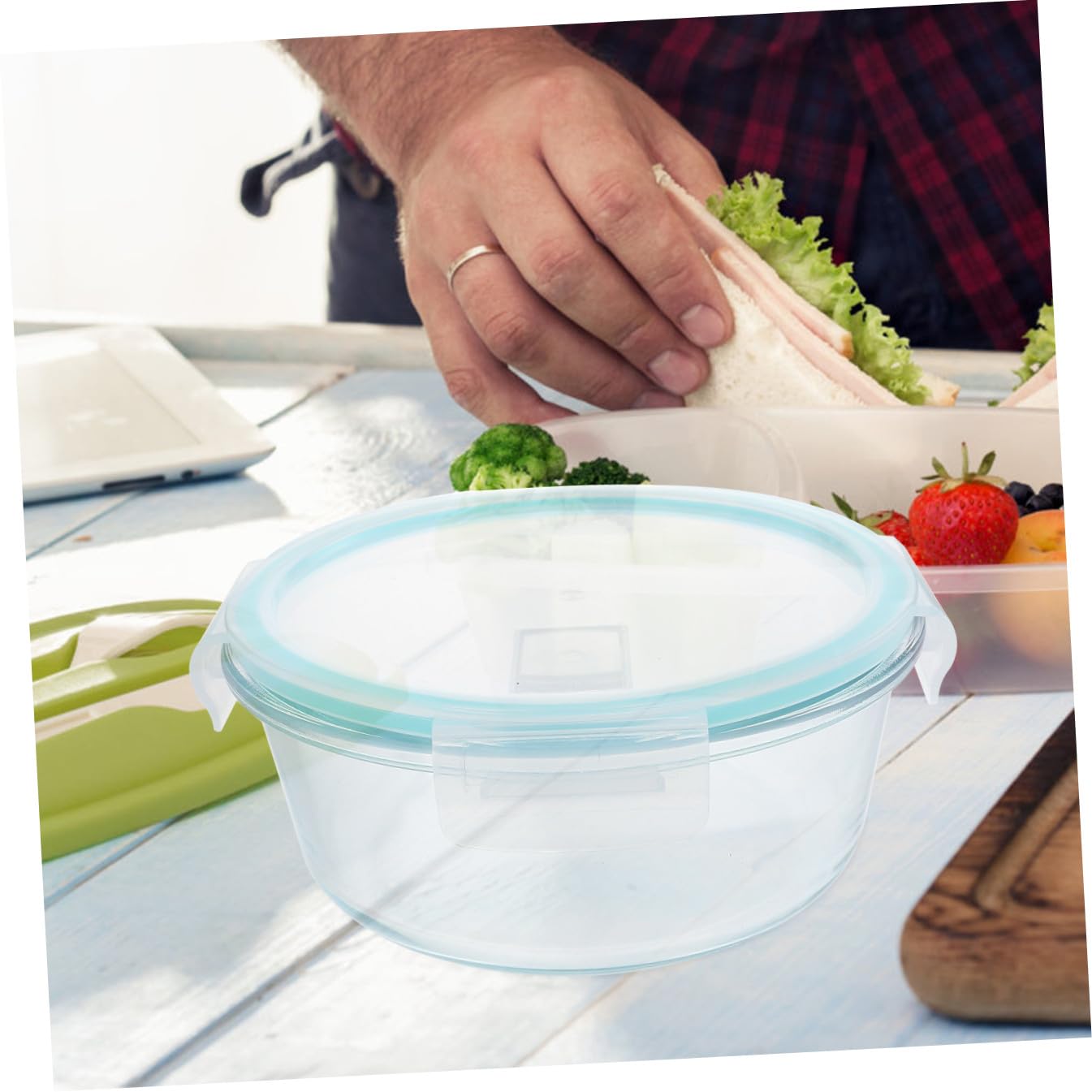 LABRIMP 3 Stück Glas Frischhaltedosen mit Deckel Unterteilte Bento Boxen aus Glas und Pp Leicht Blau für Schule und Unterwegs