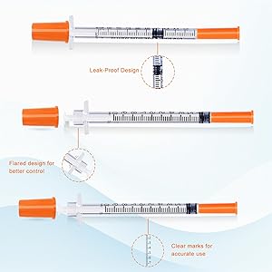 U-100 Syringes with Needle,1ml syringe 29G 1/2"(12.7mm), Individually Wrapped, Pack of 25