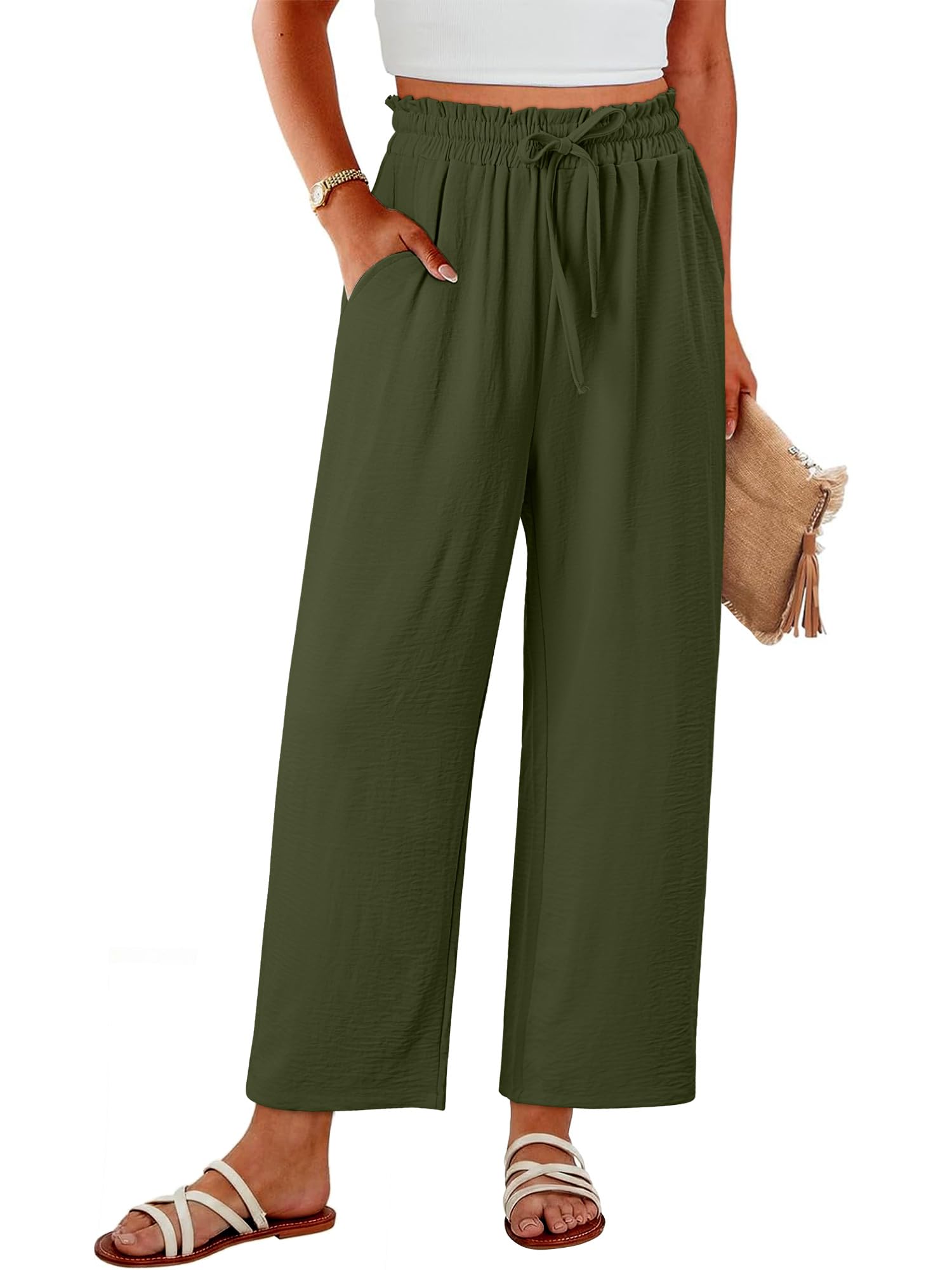 CRAZY GRID Womens Flowy Palazzo Pants High Waisted Wide Leg Trendy Summer Beach Casual Trousers with Pockets