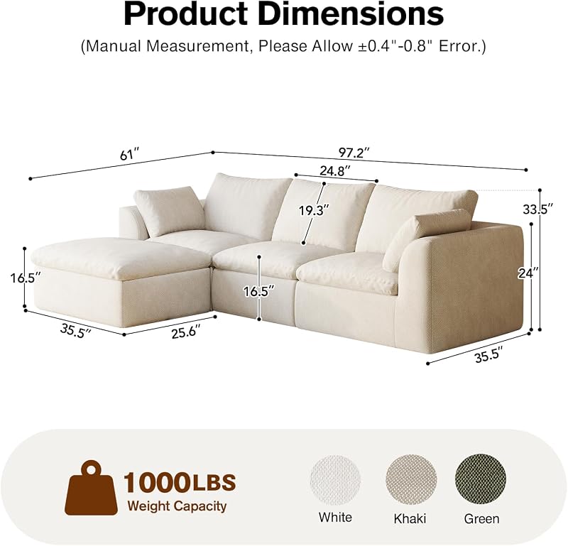 97.2" Boneless Modular Cloud Couch, Sectional Sofa for Living Room White image 2
