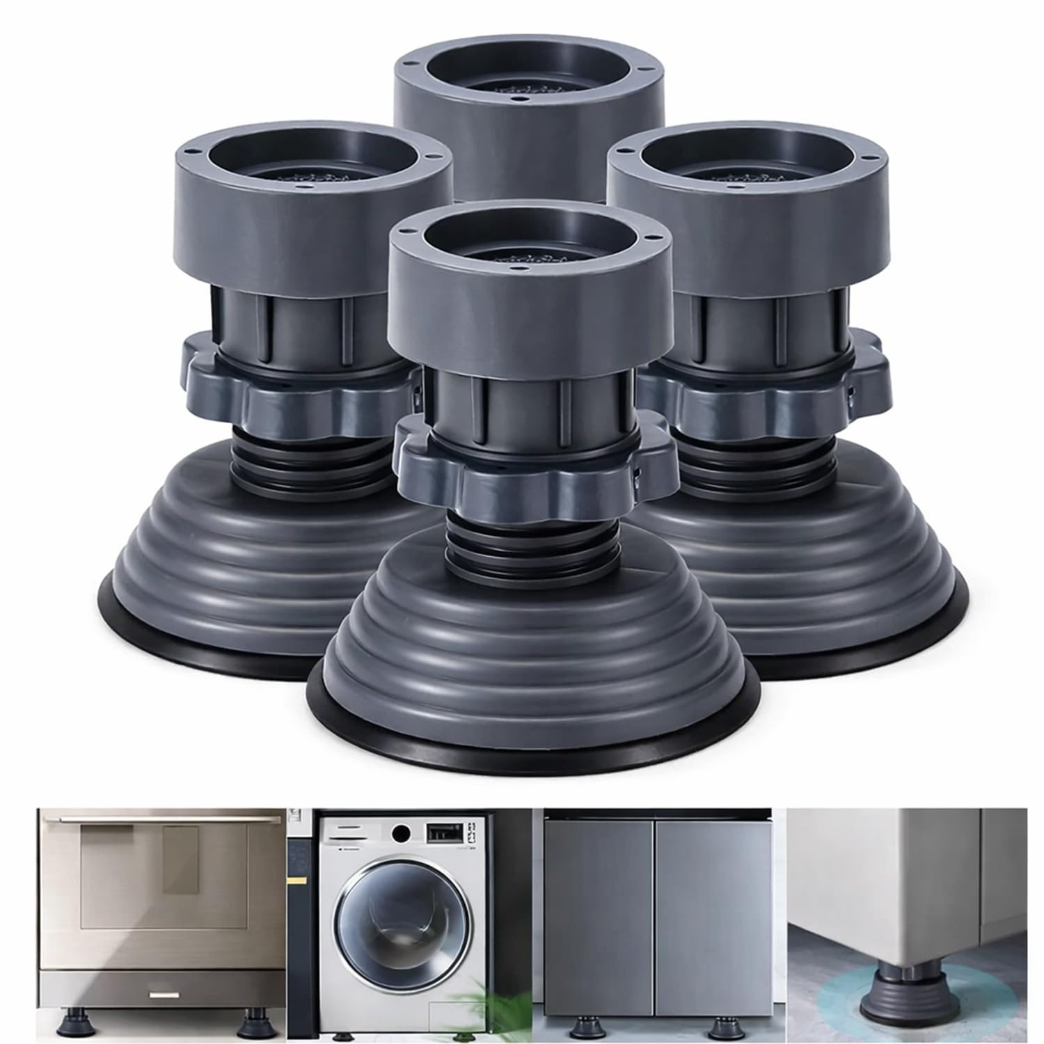 Vivela Washing Machine Vibration Absorber Pads Set of 4 with Height Adjustment | Anti-Slip Shockproof Rubber Feet Stand | Noise & Vibration Reduction for Washing Machine, Refrigerator & Furniture