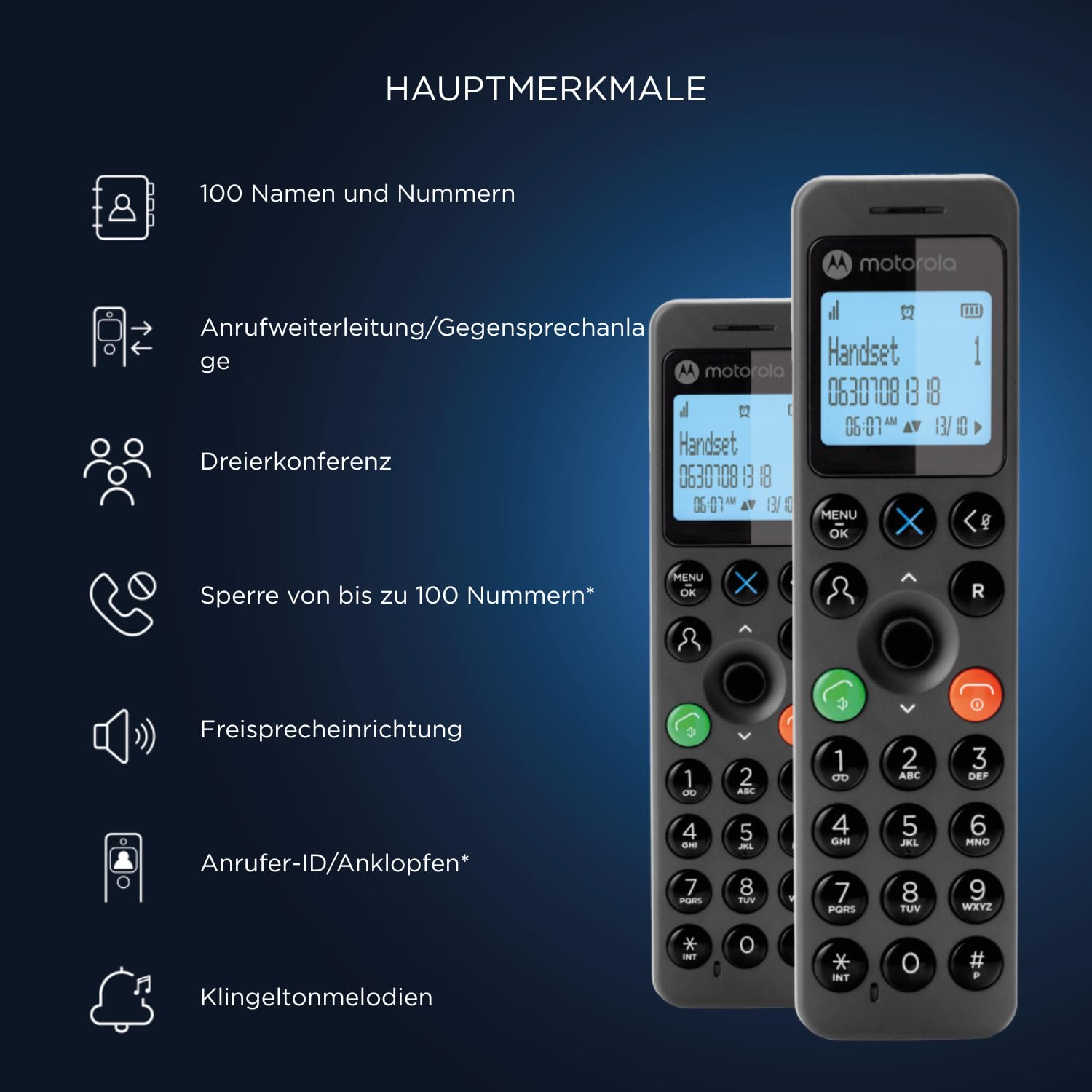 Motorola Voice - DOT202 Doppelpack, digitales Schnurlostelefon, Freisprechlautsprecher, Anrufsperre, 100 Kontakte mit Namen und Telefonbuch, Schwarz