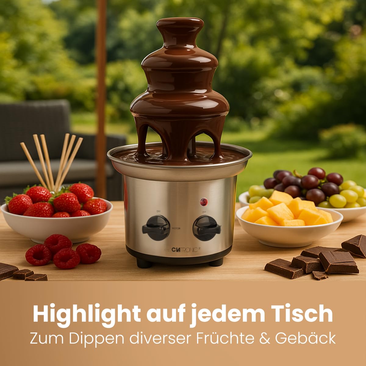 Clatronic® Schokobrunnen mit exzellentem Schokofluss | für Früchte und Gebäck I leicht zu reinigen | Schokoladenbrunnen | Schokobrunnen mit Schmelzfunktion I Schokoladenbrunnen klein I SKB 3248