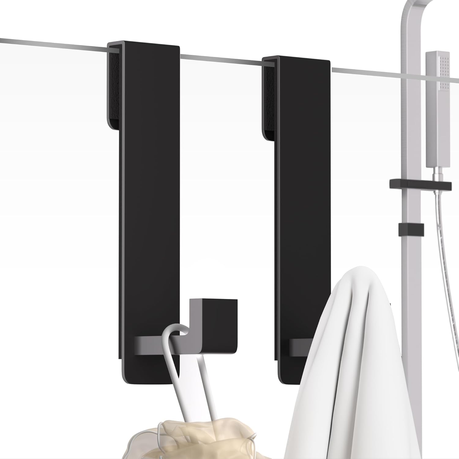 PMMASTO Shower Door Hooks, 7.5 Inch Extended Stainless Steel Heavy Duty Towel Hooks for Bathroom Frameless Glass Shower Door, L Shape Hooks for Hanger Robe, Towel, Black, 2 Pack