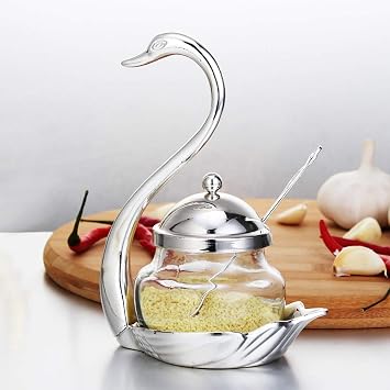 Creative Seasoning Jar, Cute Swan Sugar Bowl European Sauce Bottle Swan Storage Organizer with Serving Spoon Silver