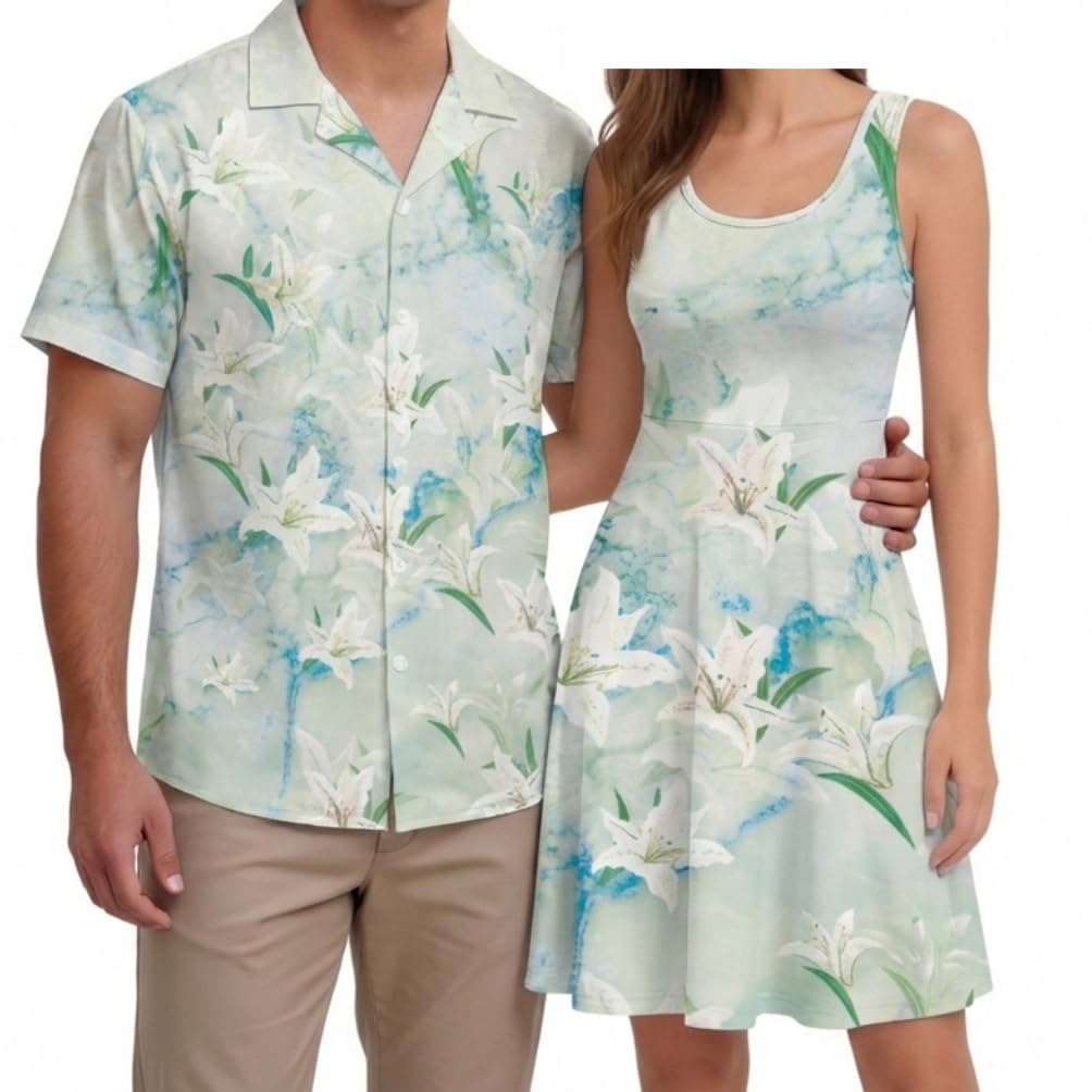 Hawaii Matching Couple Outfits Husband and Wife Clothing Fashionable Mens Casual Shirts Hawaii Dress with Soft Fabric