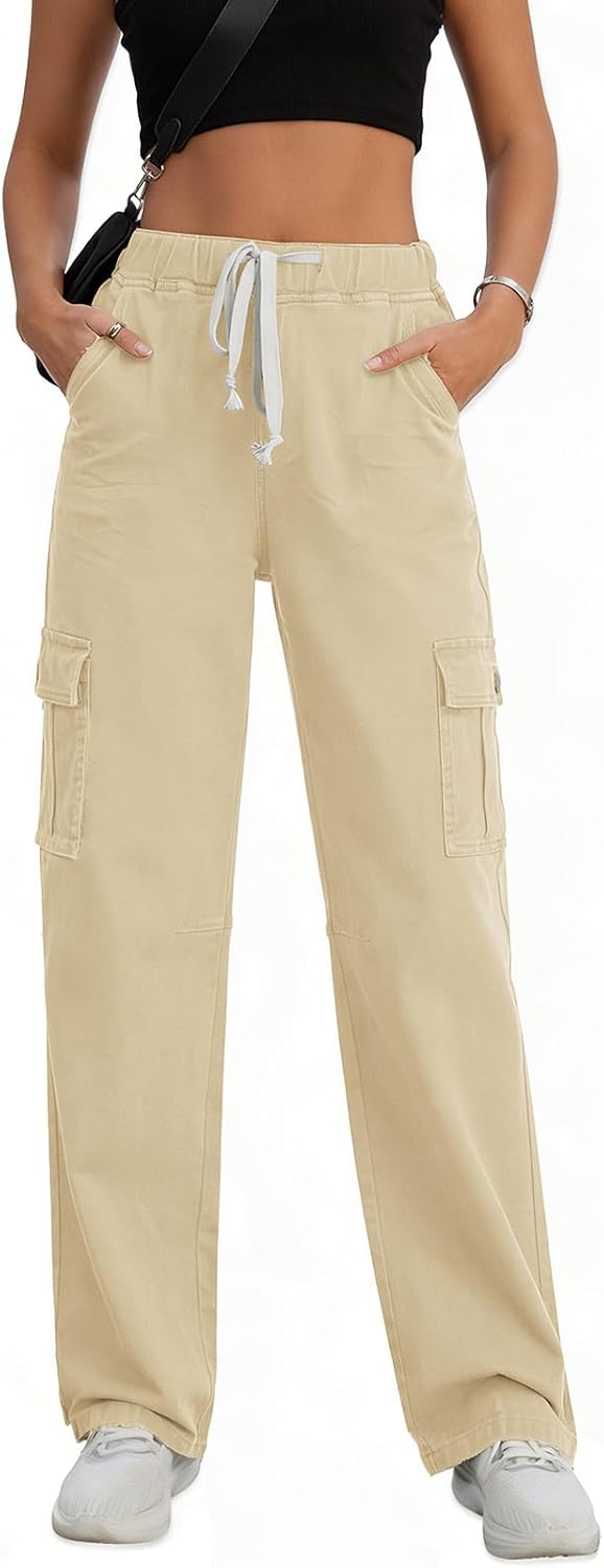 Rasutina Women Chino Cargo Pants High Waisted Stretchy Fall Pants Women's Drawstring Pull On Trousers