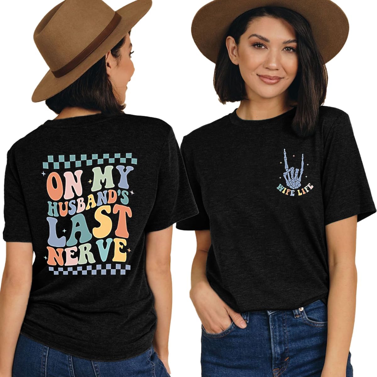 Women On My Husbands Last Nerve Shirt Funny Wife Life Skull Hand T Shirt Letter Short Sleeve Vacation Tops - Image 2