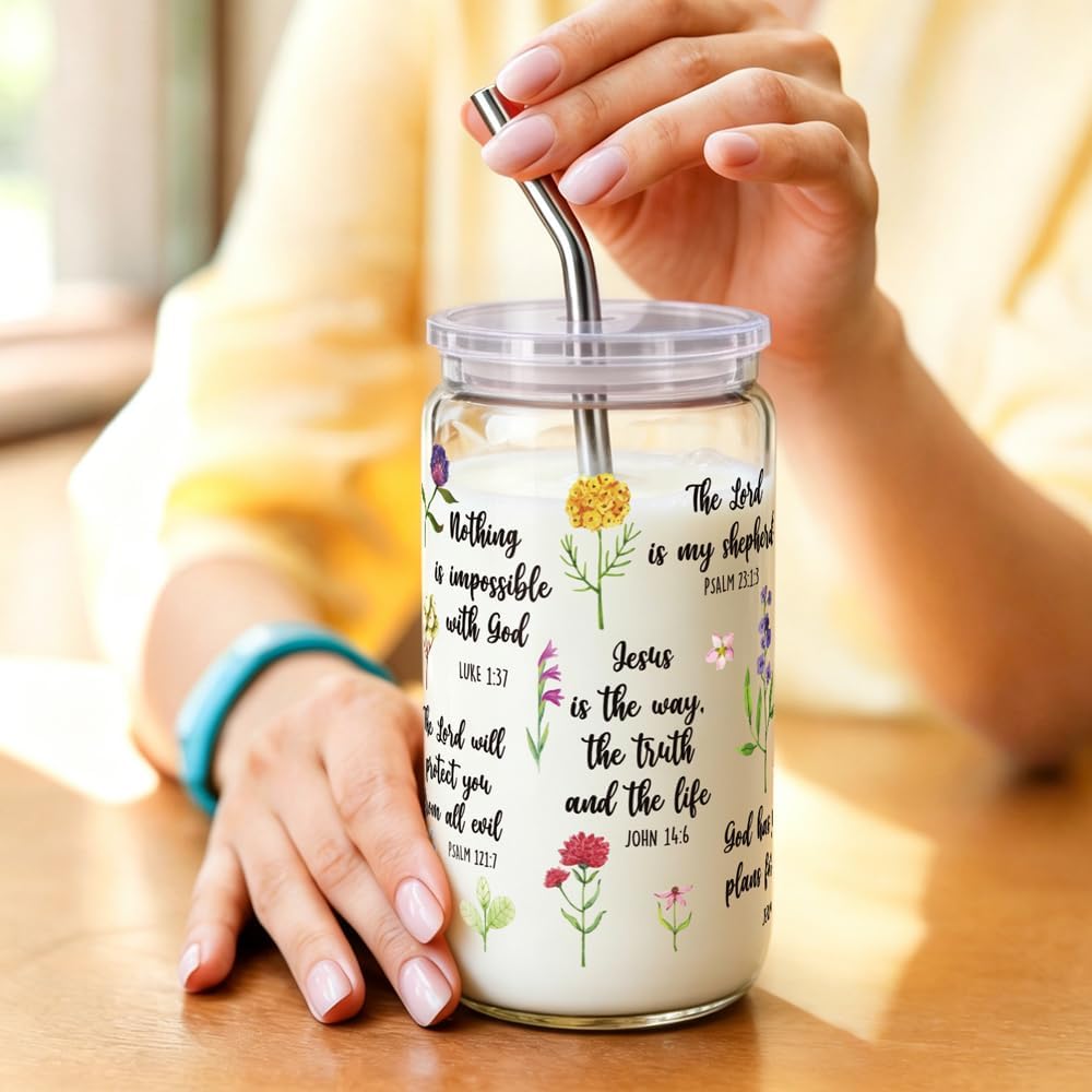 Christian Bible Verse Gifts for Women 16Oz Glass Cups with Lids & Straws, Wildflower Scripture Faith Religious Gifts for Friends, Mothersday Baptism Birthday Gifts for Church Friends Christian Women