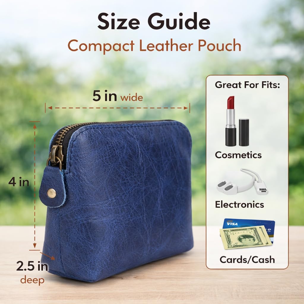 Full Grain Leather Cosmetic Bag – Zippered Makeup Pouch for Women, Small Travel Toiletry & Organizer Pouch for Purse, Premium Handmade Leather (5 × 4 × 2.5 in) - Image 3