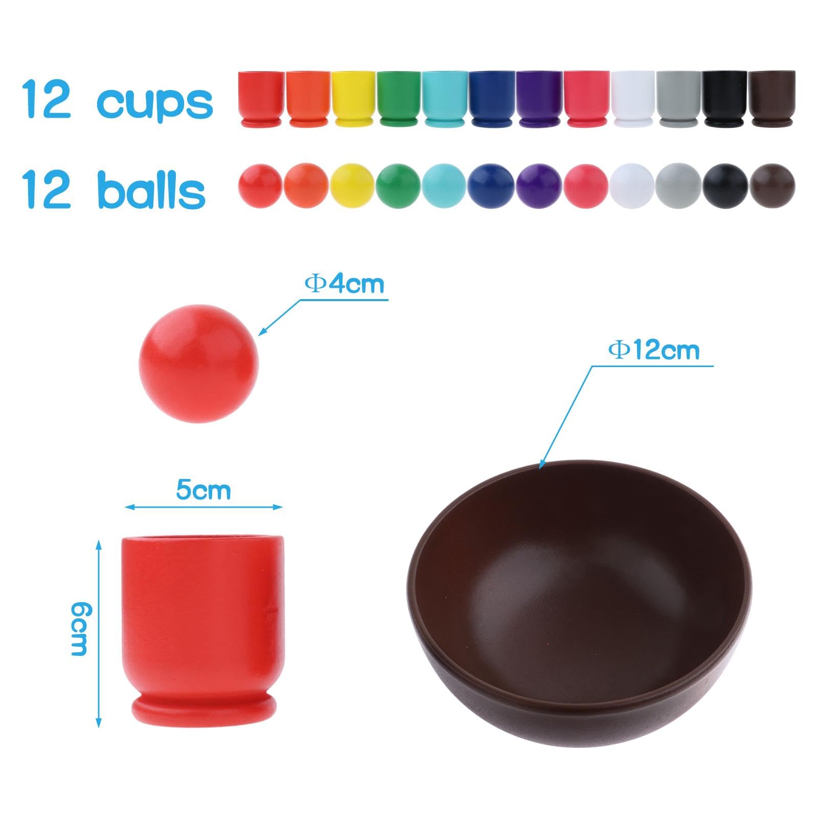 Juego de Clasificación de Bolas de 12 Piezas en Vasos, Juguete de Madera, Juego Educativo, Clasificación por Colores, Juego de para Niños,