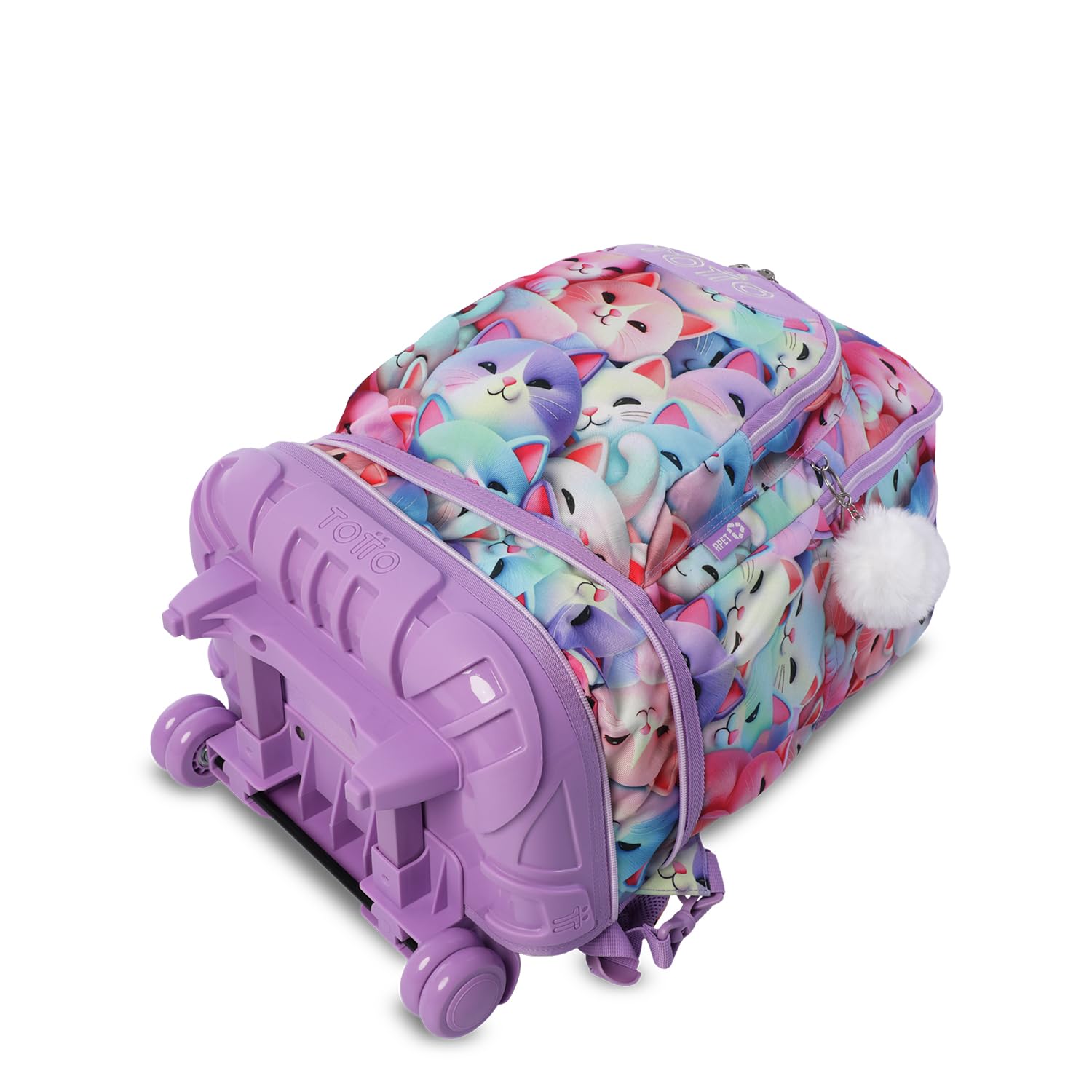 TOTTO - Mochila Escolar con Ruedas Desmontables, Modelo Tiza, Capacidad 26 L, Mochila PC 15.4", Bolsillo Botella, Manija Telescópica, Espaldar Ergonómico y Correas en S, Estampado Mewsy 3D