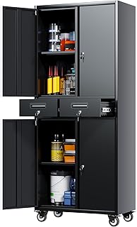 SUPEER 180cm Aktenschrank,Metallgarage-Lagerschrank mit 4-Rädern und 2-Schublade, Rollwerkzeug-Lagerschrank mit Verriegelungstüren und verstellbaren Regalen, Heavy Duty Stahl Werkzeugschrank(Schwarz)