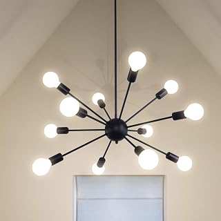 Matte Black Sputnik Chandelier 12 Lights Adjustable Modern Chandelier for Dining Room Vintage Industrial Ceiling Lighting Fixtures for Kitchen Island Hallway Bedroom
