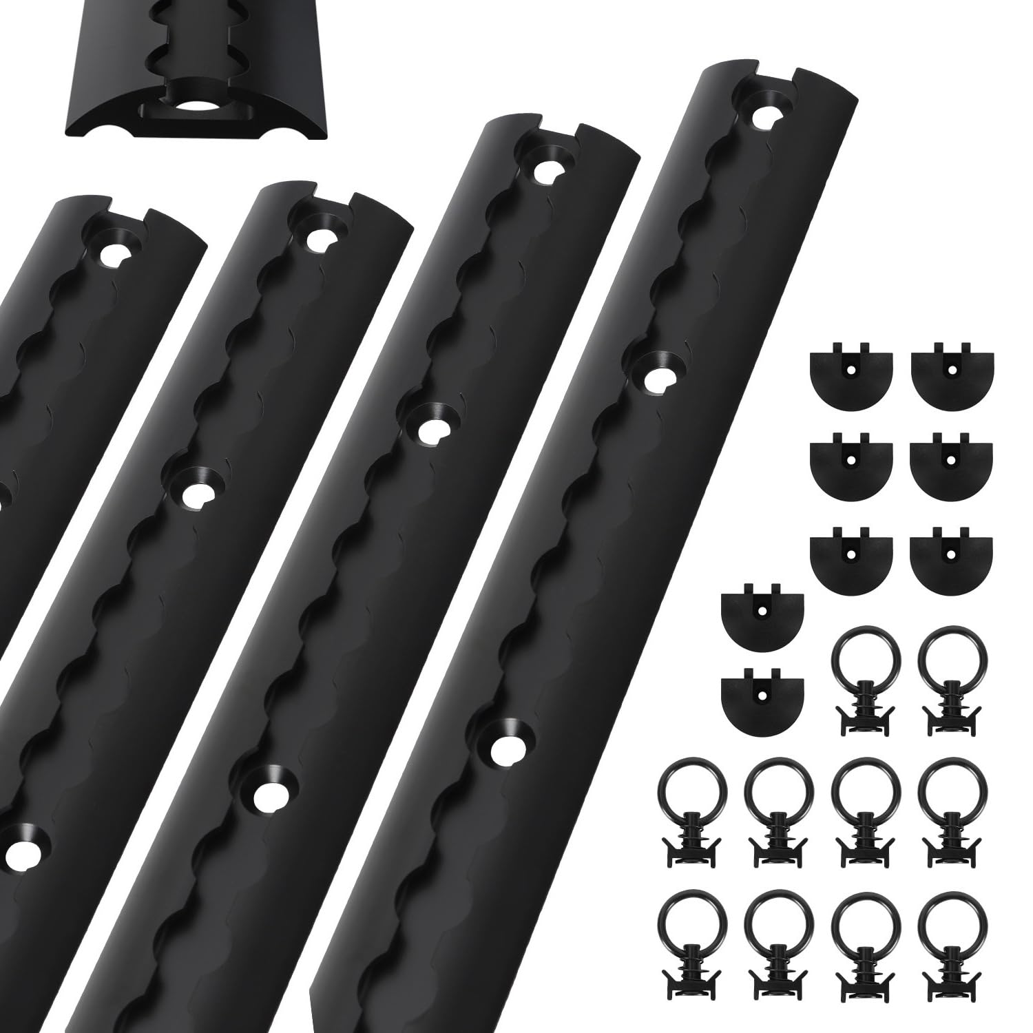 4X 1M Airlineschiene Schwarz Set, Alu Zurrschiene halbrund mit 10 Single Fittings und 8 Endkappen, vorgebohrte Airline Schienen zur Ladungssicherung für Anhänger Transporter Wohnmobil