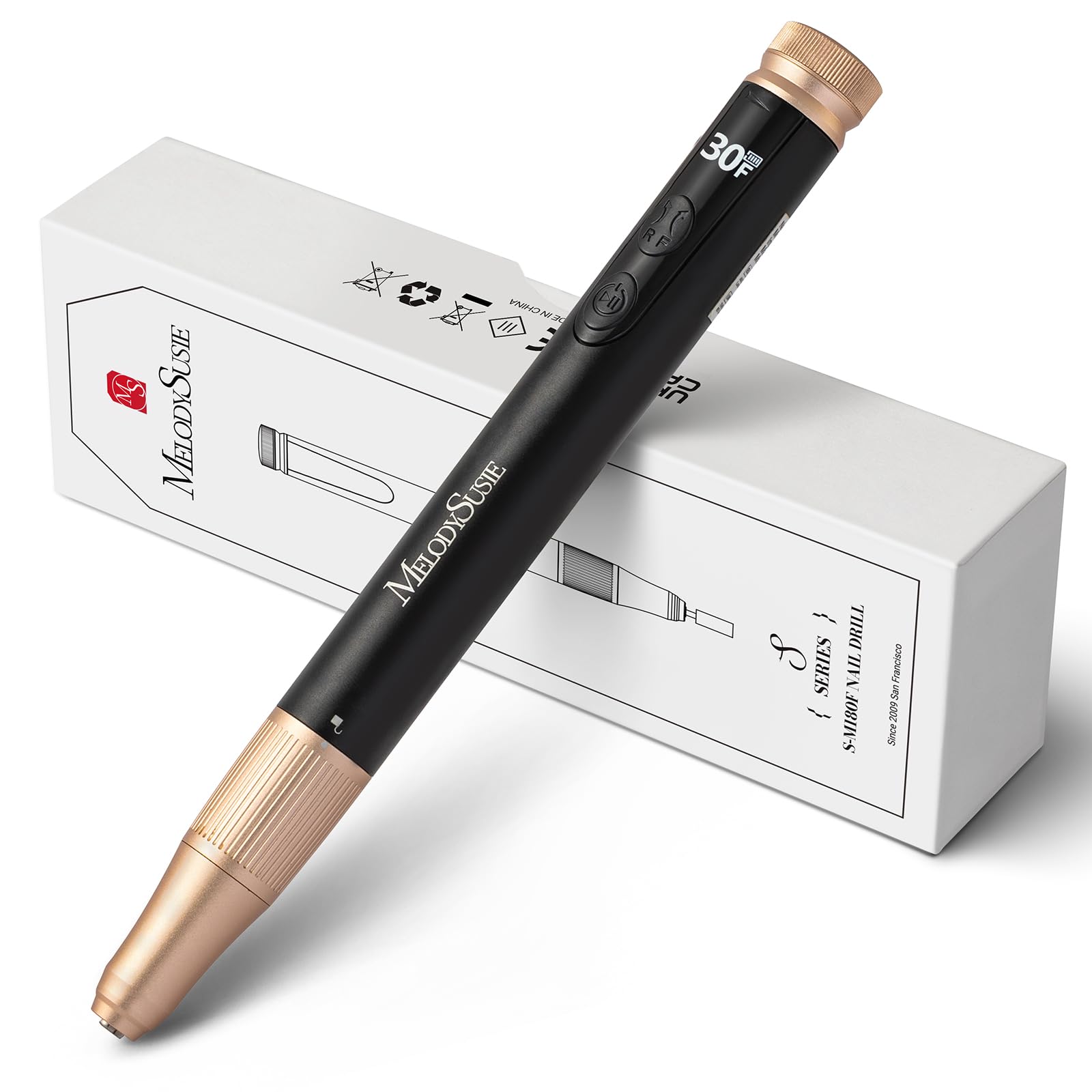 MelodySusie Pen-Shaped Cordless Nail Drill with Adjustable Stepless Speed,SM180F 30000RPM Portable Rechargeable E-File with LED Display for All