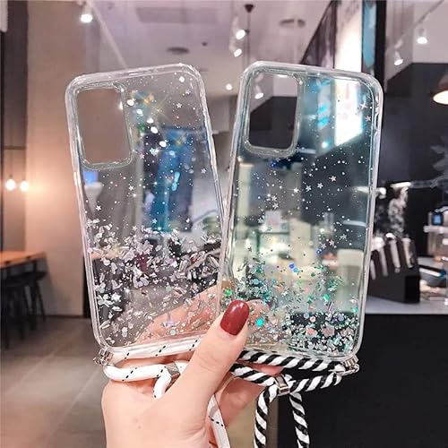 Capa brilhante transparente para Samsung S21 FE, capa brilhante com glitter com alça transversal, co