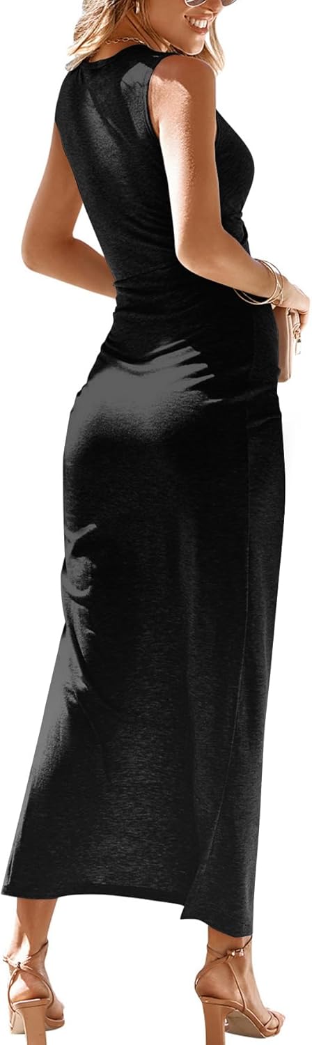 LYANER Women's Crew Neck Cut Out Twist Ribbed Knit Sleeveless Split Hem Bodycon Long Dress - Image 2