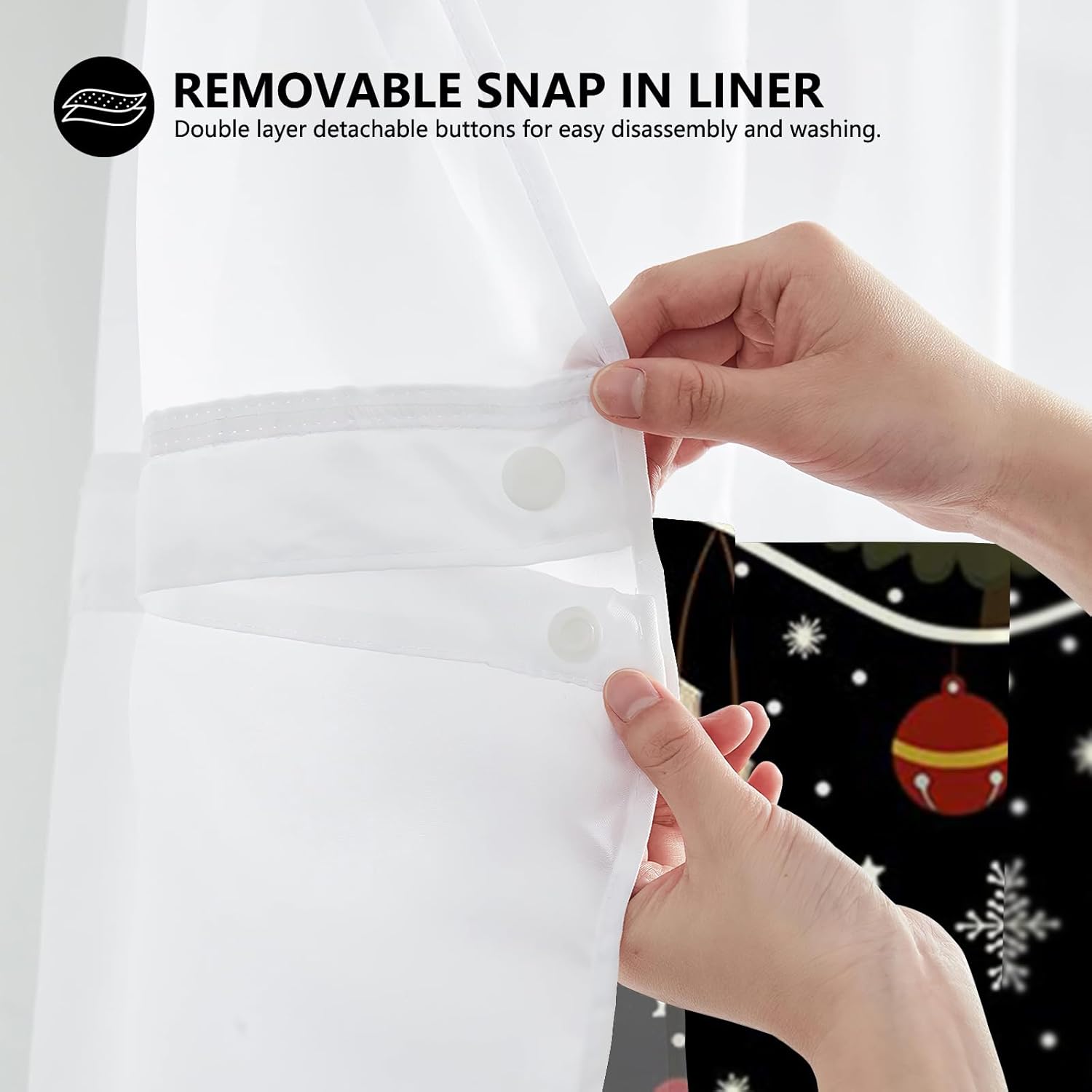 MEHOFOND No Hook Merry Christmas Shower Curtain, Hookless Xmas Snowflake Shower Curtain,Winter Christmas Tree Snowman Reindeer Holiday Bathroom Decor with Snap in Liner, Waterproof Fabric 71X74in