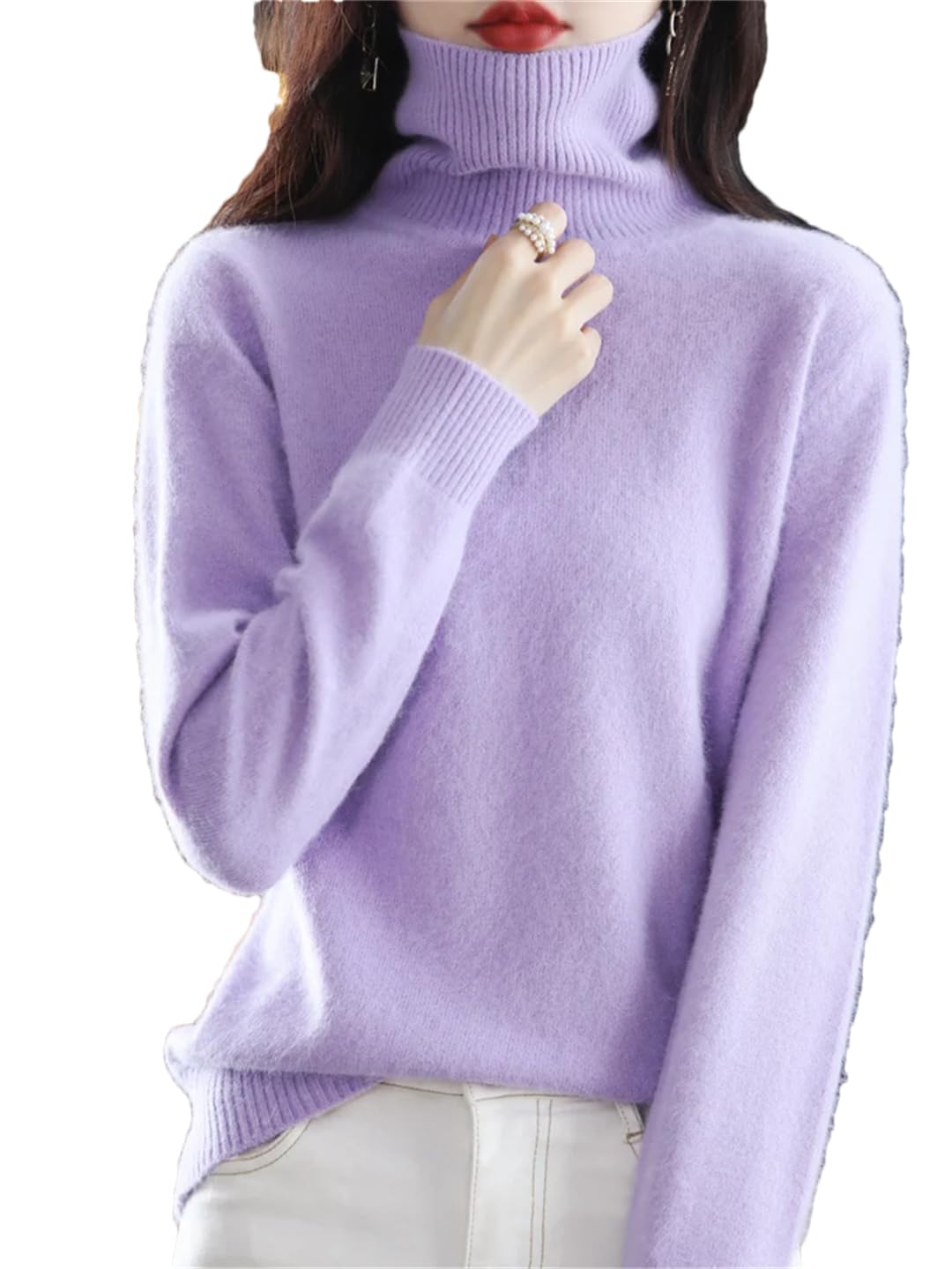 Damski sweter z golfem w jednolitym kolorze, wąski, miękki, ciepły, długi rękaw, lawenda, XL