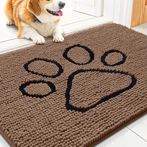 Image of Smiry Dog Door Mat for Muddy Paws, Absorbent Dirt Trapper Non Slip Quick Dry Washable Chenille Mat for Mud Dogs, Entry Rug for Indoor and Outdoor (30x20 Inches, Coffee and Black)