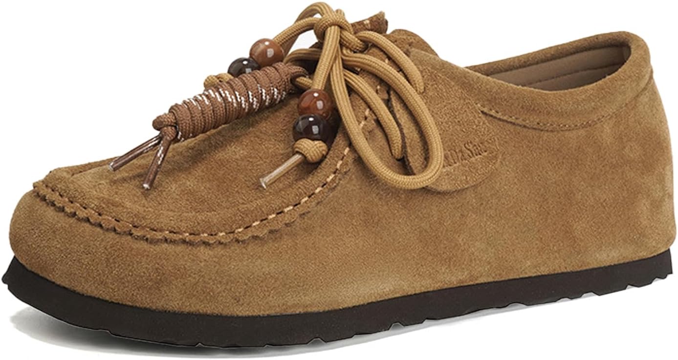 Women's Suede Beaded Moccasins Loafers Fashion Comfortable Round Toe Lace Up Soft Sole Slip On Flats for Casual Daily Work Walking Shoes