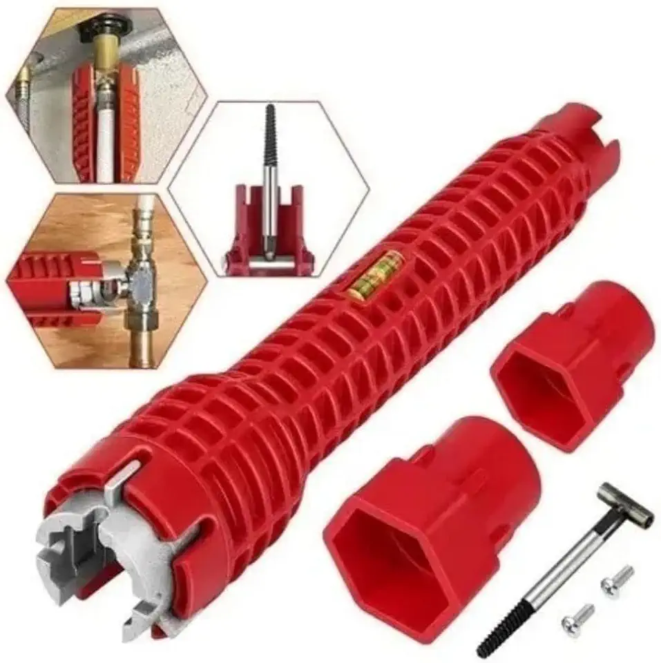 Chave Multifuncional Hidráulica com Nível 8 em 1 Para Torneira E Pia Instalador Profissional Ajustável Universal Alta Resistência Para Banheiro E Cozinha - Com Acessorios inclusos - Premium
