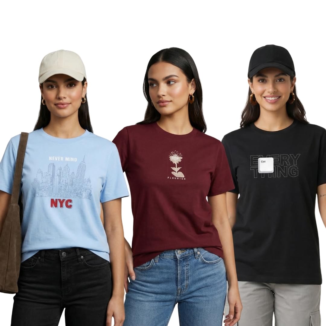 nobero Women's Graphic Printed Regular Fit Cotton T-Shirt | Casual Tees for Women (Pack of 3)-picture-42