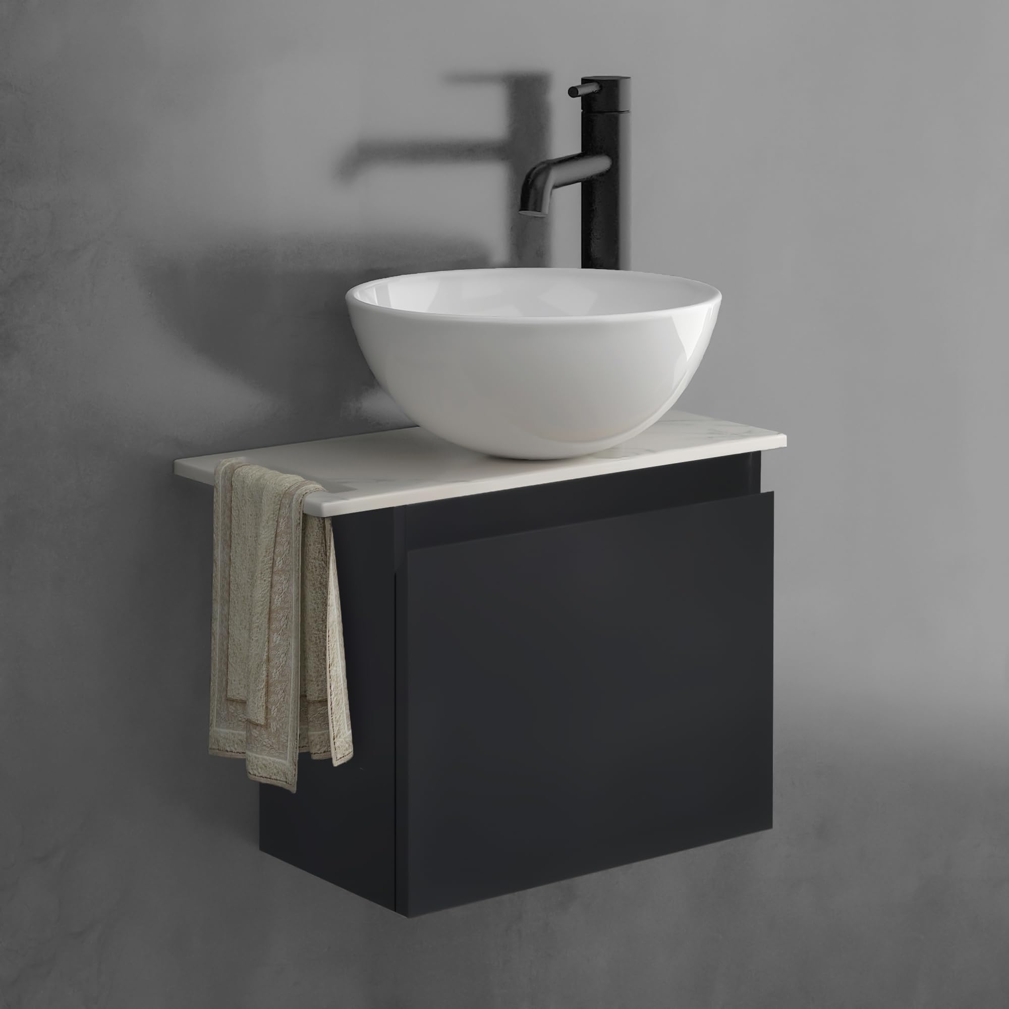 Alpenberger Aufsatzwaschbecken mit Unterschrank Klein, Badmöbel Set Schwarz für Bad & Gäste-WC, kleines rundes Waschbecken mit Waschbeckenunterschrank, Einzelschrank