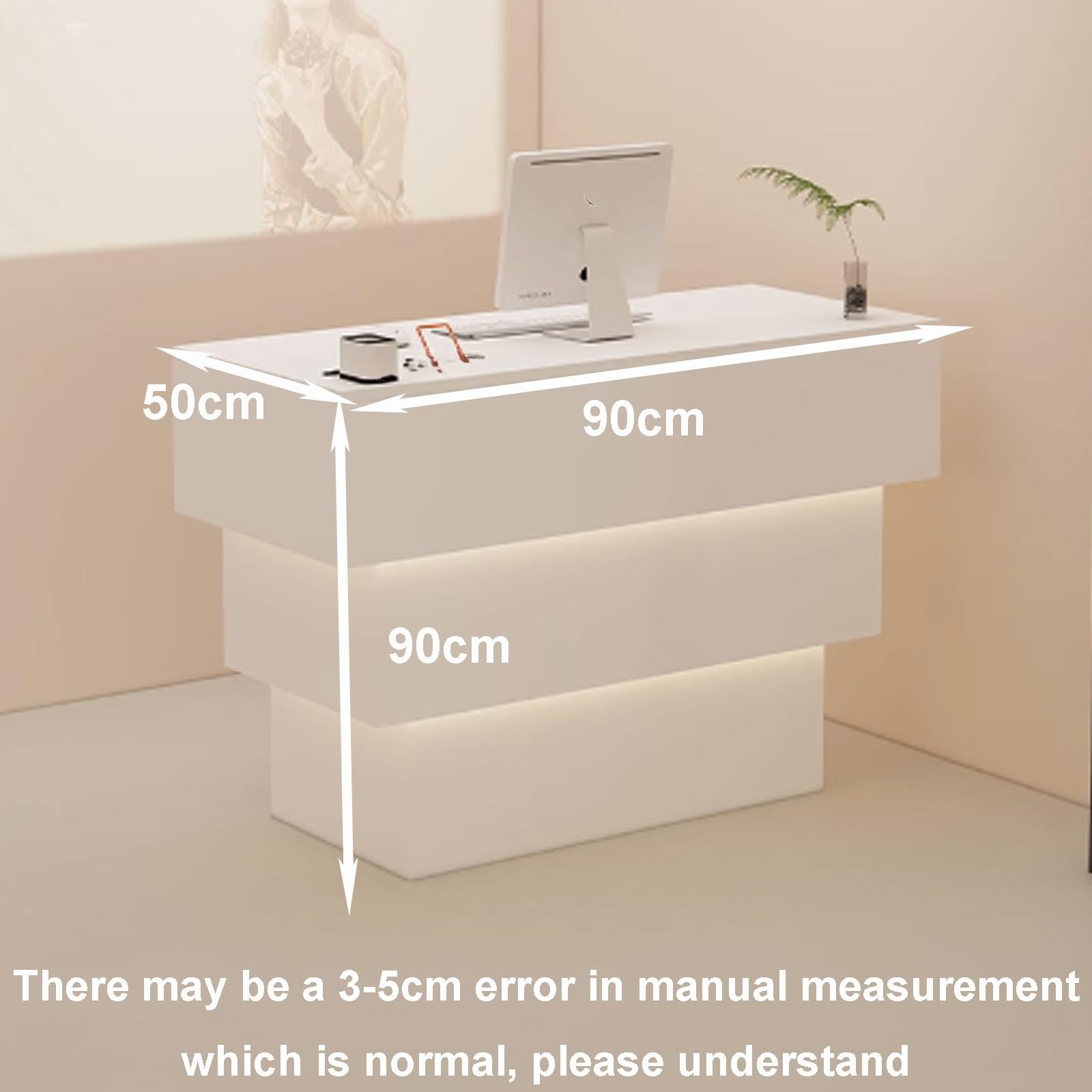 Elegante scrivania per reception con luce ambientale morbida per negozi di abbigliamento e ristoranti, moderno bancone anteriore bianco e nero, 110 x 50 x 90 cm, design elegante e funzionale