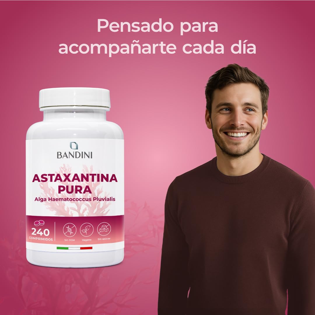Bandini® Astaxantina 240 tabletas (suministro para 8 meses), Pura 8 mg por comprimido, Astaxanthin natural de microalga Haematococcus Pluvialis, sin estearato de magnesio, sin OGM, 100% vegano