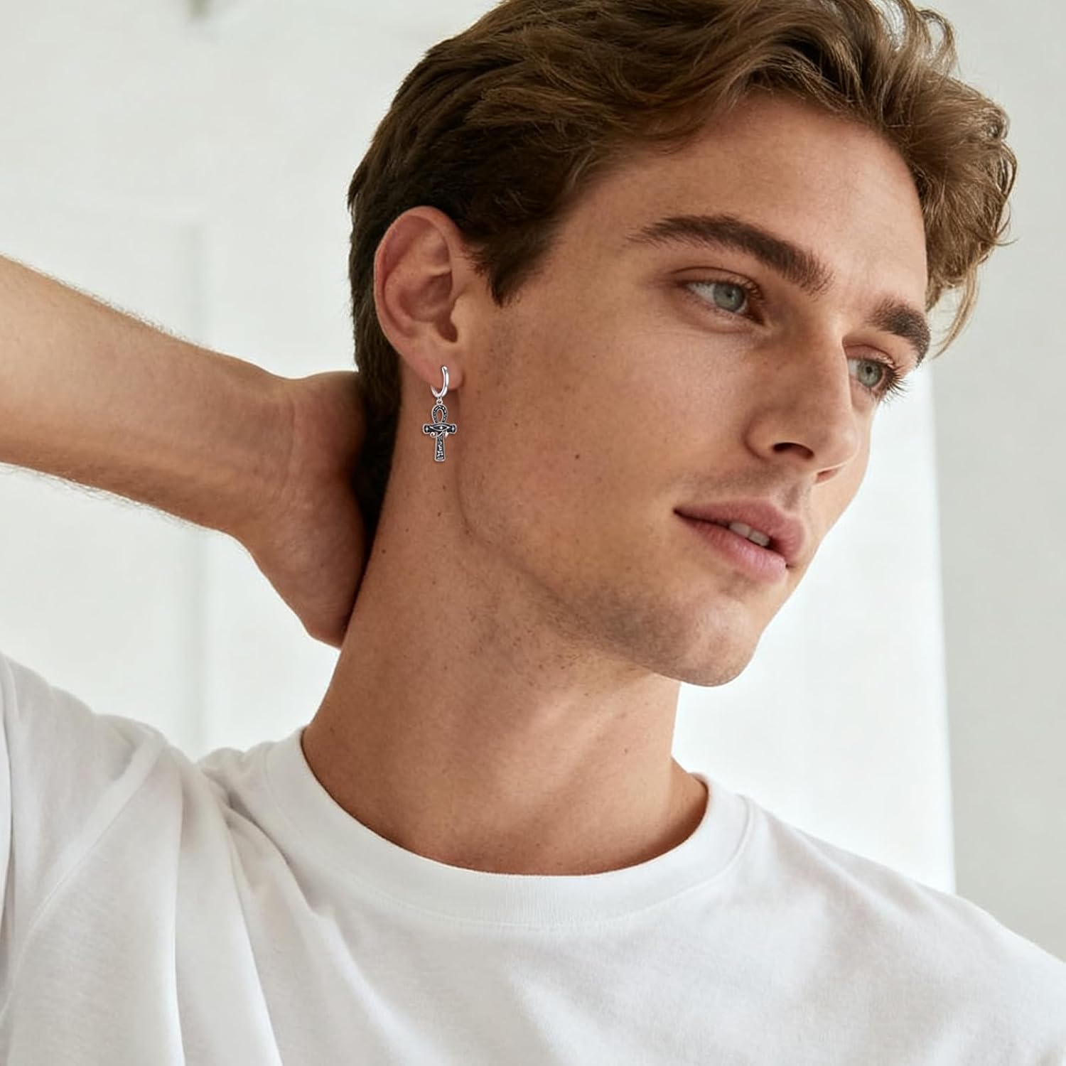 Ankh Dangle Earrings 925 Sterling Silver 18K Gold Plated Eye of Horus Drop Earrings Egyptian Ankh Cross Leverback Birthstone Jewelry Gift for Men