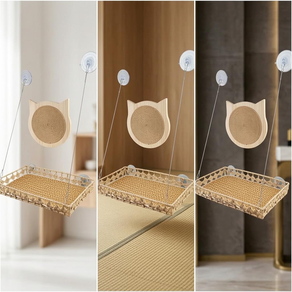Hamac Fenêtre Chat en Fibres Végétales, Raccords métalliques, Hamac Suspendu Chat, Bain Soleil, pour félins, Beige, Style to 3