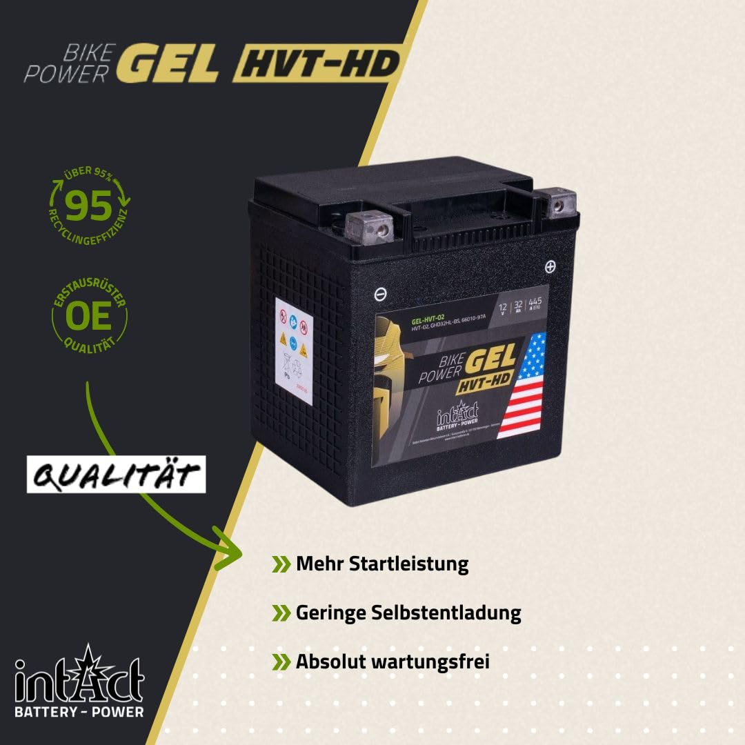 intAct - Gel HVT-02 MOTORRADBATTERIE - Motorrad Batterie Perfekt für Harley Davidson & andere hubraumstarke 2-Zylinder. Bike-Power GEL-HVT-02, GYZ32HL, 12V Batterie, 32 AH, 445 A. 169x131x174mm