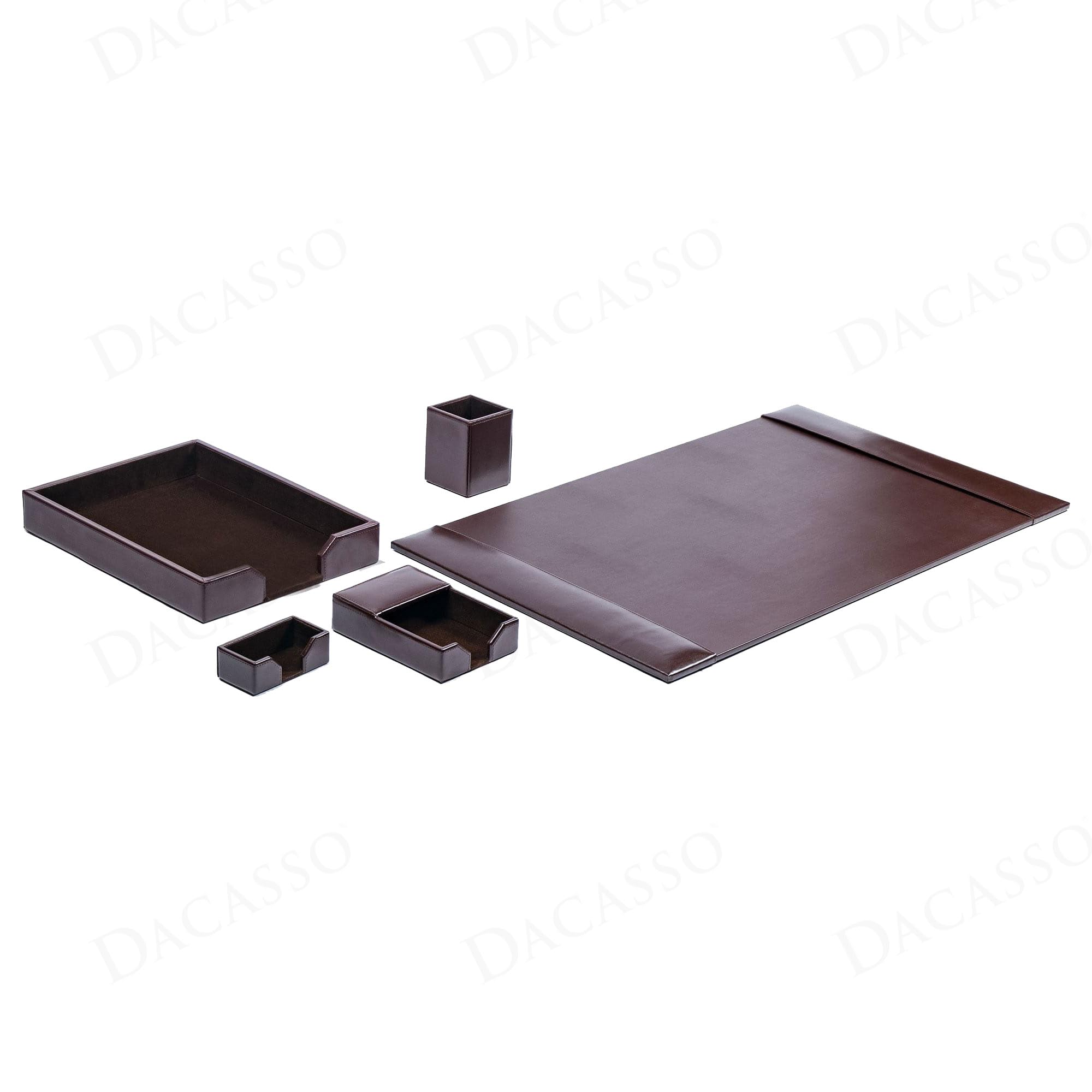 DACASSO Schreibtisch-Set aus Lederfaserstoff, luxuriöse Schreibtischunterlage und Schreibtisch-Organisations-Essentials – Büroorganisation & Chefschreibtischdekoration – (Dunkelbraun, 5-teilig)