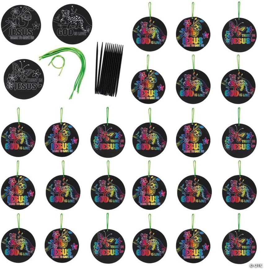 Fun Express 4 1/2" Rainforest VBS 2026 Cardstock Magic Color Scratch Ornaments – 24 Pieces