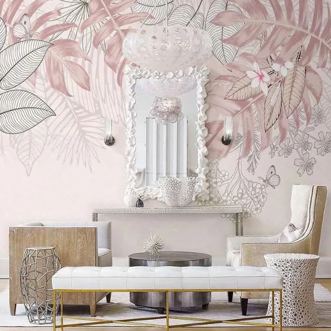 Papier peint panoramique 3D feuillage exotique rose style nordique chic pour salon