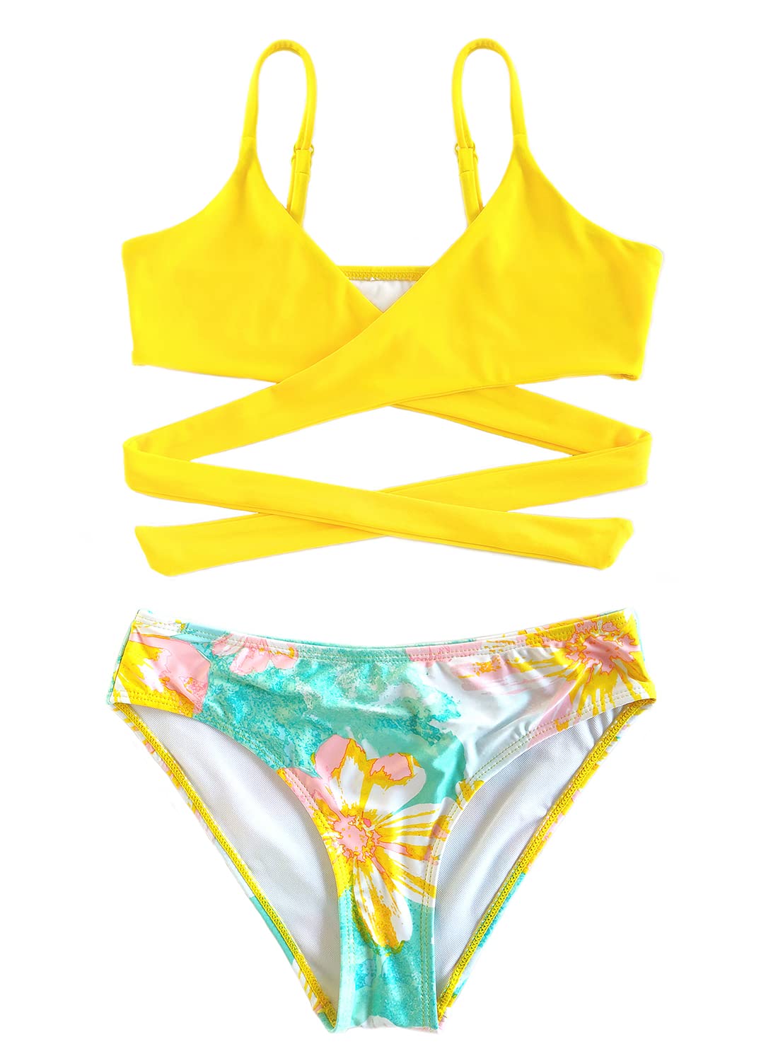 SHEKINI Conjunto de Bikini de 2 Piezas para Niñas Crossover Tirantes Finos Traje de baño de Cintura Media Pantalones Trajes de Baño Floral Dulce Bikini de Playa