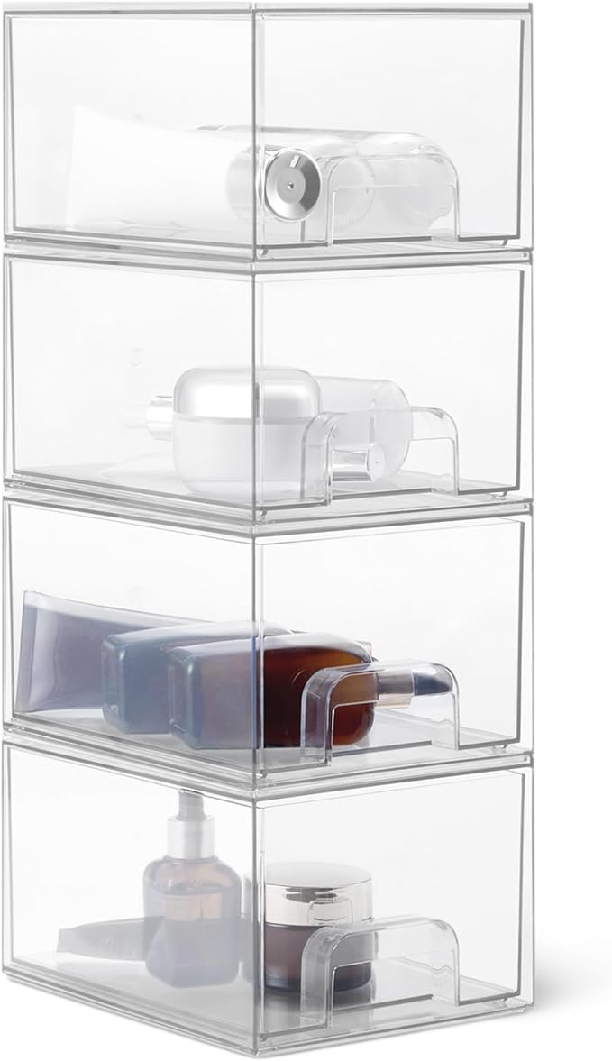 Amazon Basics Stapelbare Aufbewahrungsschubladen aus Kunststoff, Aufbewahrungsbox, Make-up-Organizer, Transparent, 19,1cm x 15,2cm x 11,4cm, 4er-Pack: Amazon-Kaufcheck, Preis und Alternativen 2026