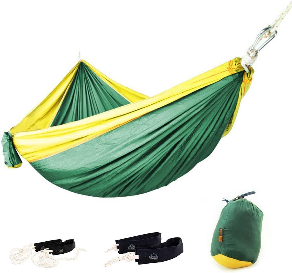 ELEOPTION® Portable Outdoor Double Camping Hammock Aluminum Carabiners Big Size 118 "x71 Lightweigh with Weather Resistant Best Equipment for Backpacking, Hiking, Hiking,Travel etc (Yellow/Green)