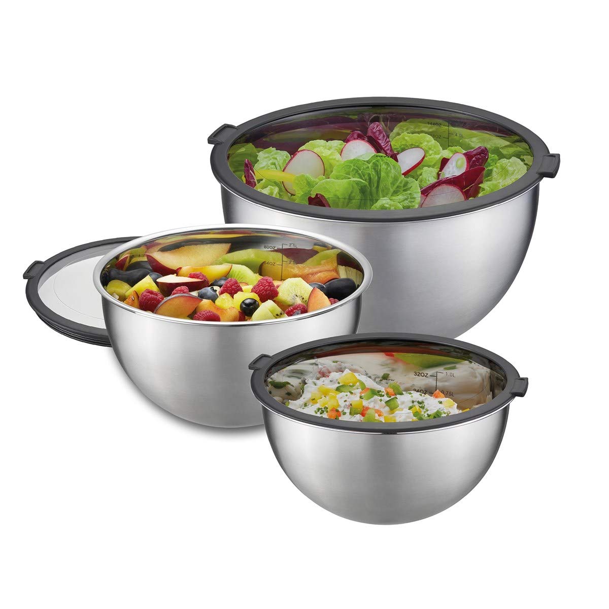 GEFU MONDI Zestaw Misek z Pokrywką, 1 l, 2,5 l i 4,5 l, Stal Nierdzewna, Miska do Mieszania, Sałatki, Serwowania, Kuchenna z Możliwością Układania w Stos
