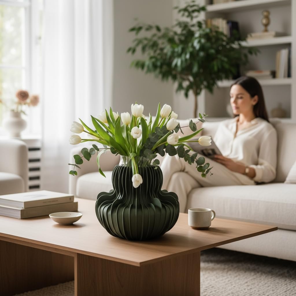 Cloud Vase - Sculptural 3D Printed Modern Design Plant Vessel, Ideal for Indoor Decor, Cloud Shaped (Olive)