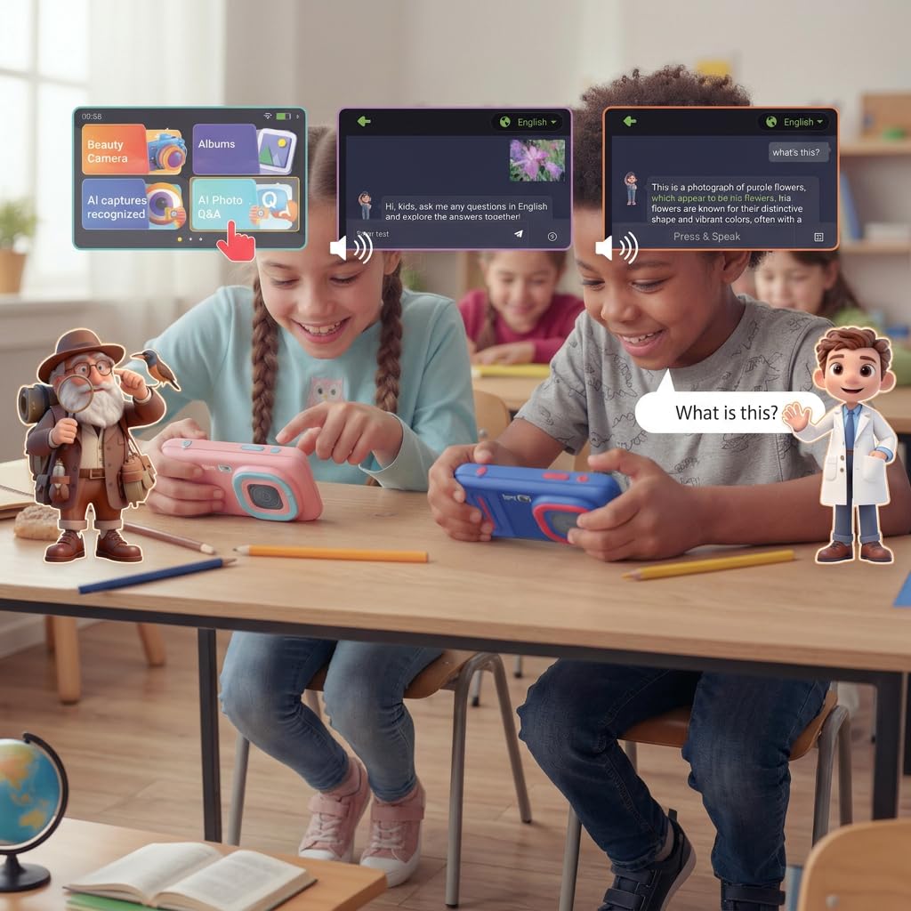 Bemi Pixi Aparat Edukacyjny dla Dzieci z AI, 4" Ekran Dotykowy, Rozpoznawanie Obrazów AI, Interaktywna Nauka, Aparat 5MP, 16GB, Wi-Fi, Android, Różowy (Różowy)