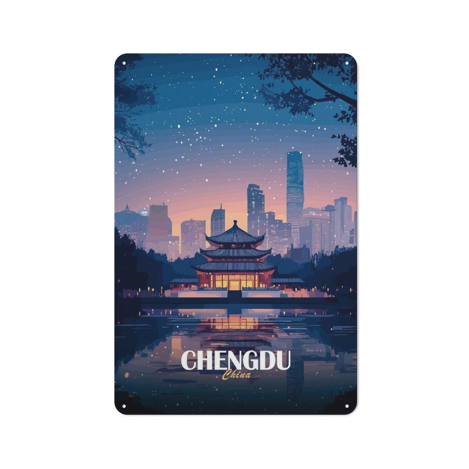 Junmoney Chengdu China Cityscape At Night Retro Metal Wall Sign 30X20cm Featuring For Hallway Wall, For Garage, Workshop And Man Cave Decoration