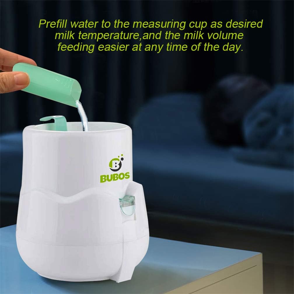 Hand pouring water from a measuring cup into the Bubos Smart Baby Bottle Warmer.